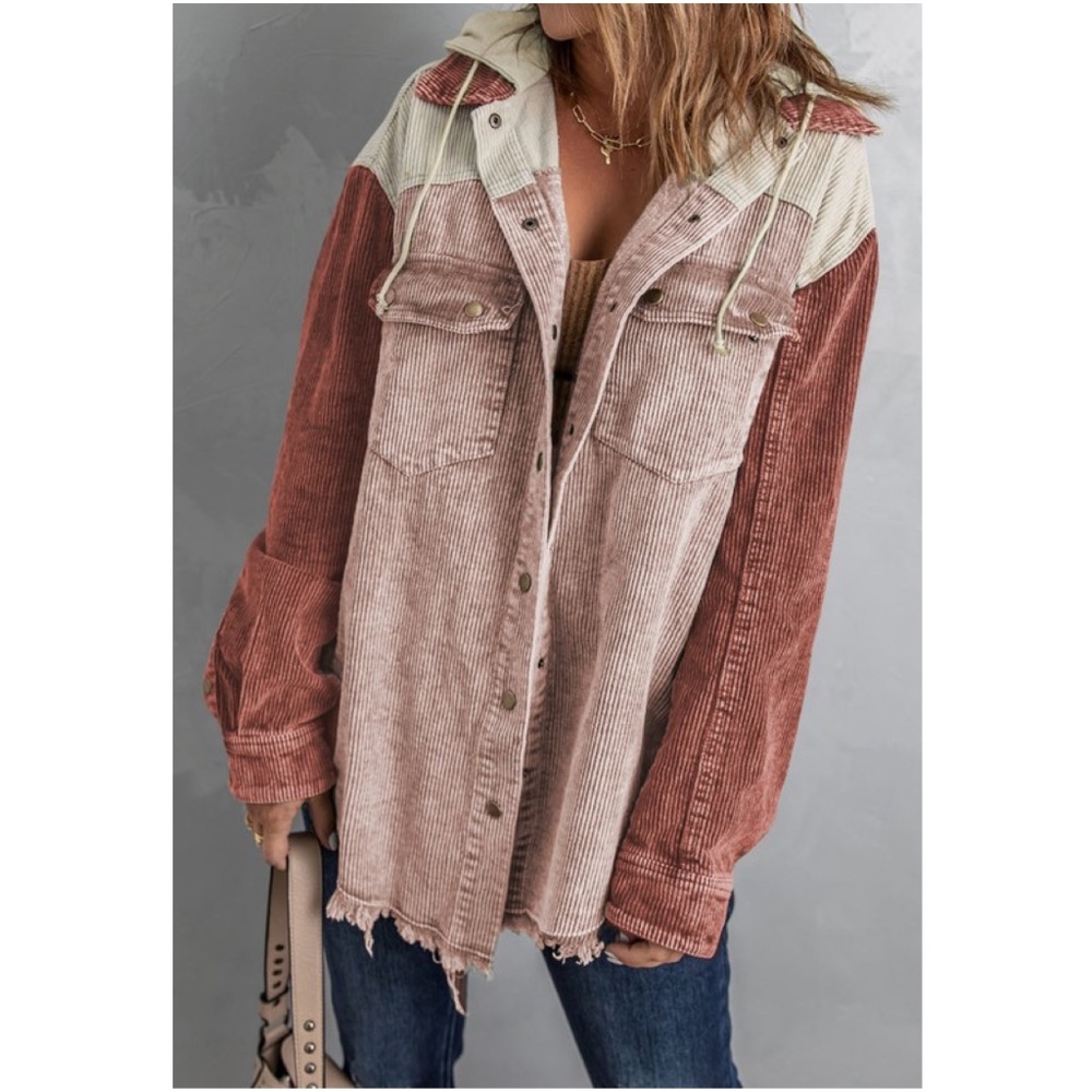 016 Cozy Color Block Oversized Corduroy Hoodie Jacket Shacket - Picture 1 of 8